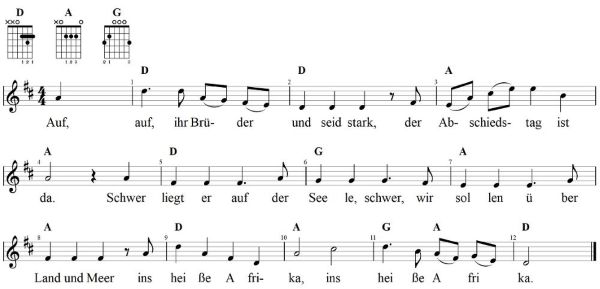 Das Kaplied, Noten mit Liedtext und Gitarrenakkorden D-Dur