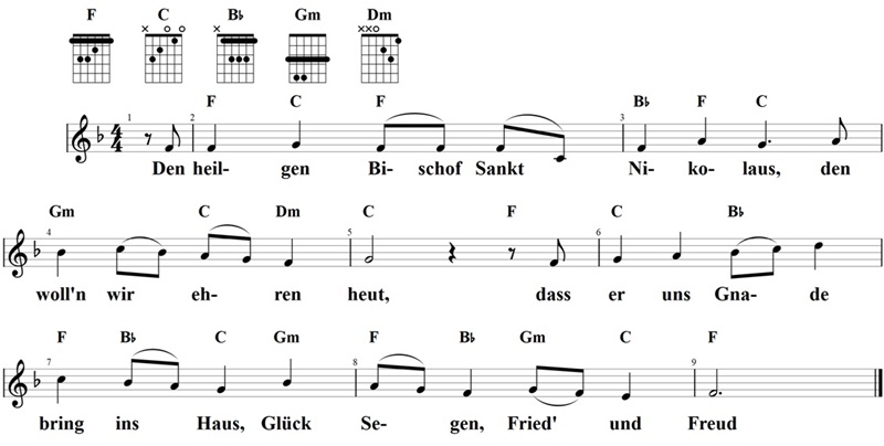 Den heiligen Bischof von St. Nikolaus, Noten und Gitarrenakkorde