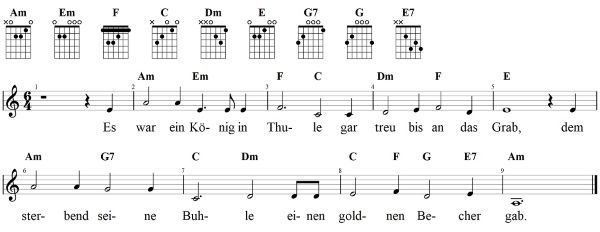 Es war ein König in Thule, Noten mit Liedtext und Gitarrenakkorden A-Moll