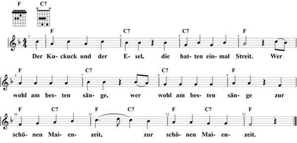 Der Kuckuck und der Esel, Noten mit Liedtext und Gitarrenakkorden (F)