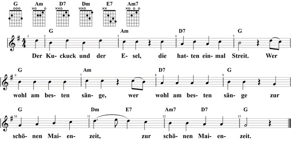 Der Kuckuck und der Esel, Noten mit Liedtext und Gitarrenakkorden (G)