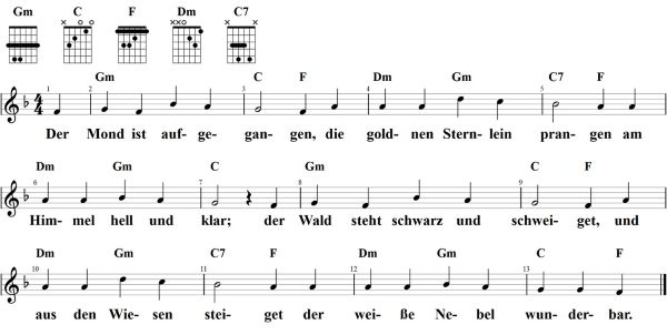 Der Mond ist aufgegangen, Noten mit Liedtext und Gitarrenakkorden (F)