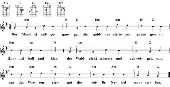 Der Mond ist aufgegangen, Noten mit Liedtext und Gitarrenakkorden (G)