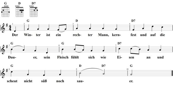Der Winter ist ein rechter Mann, Noten mit Liedtext und Gitarrenakkorden (G)