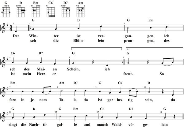 Der Winter ist vergangen, Noten mit Liedtext und Gitarrenakkorden (G)