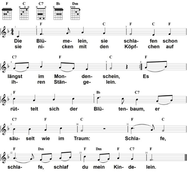 Die Blümelein sie schlafen, Noten mit Liedtext und Gitarrenakkorden F-Dur
