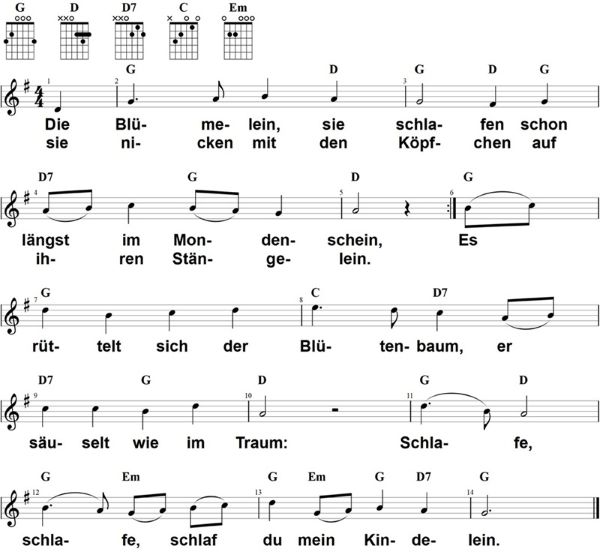 Die Blümelein sie schlafen, Noten mit Liedtext und Gitarrenakkorden G-Dur