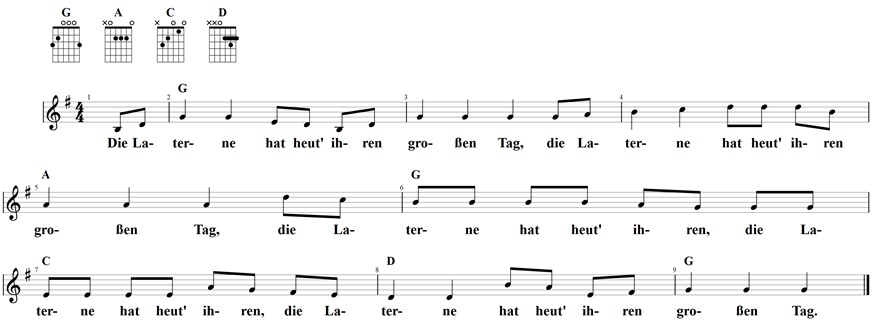 Die Laterne hat heut ihren großen Tag, Noten und Gitarrenakkorde