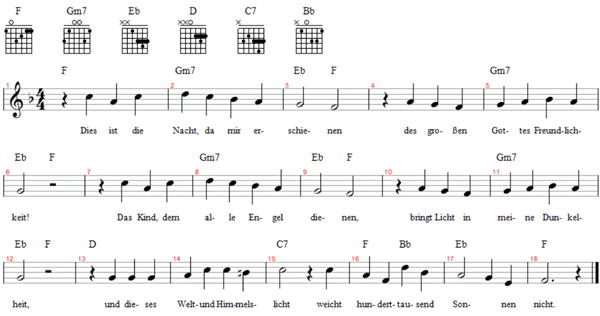 Dies ist die Nacht, da mir erschienen, Noten und Gitarrenakkorde