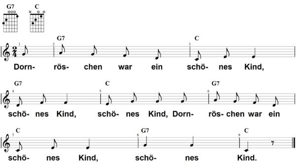 Dornröschen war ein schönes Kind, Noten mit Liedtext und Gitarrenakkorden C-Dur