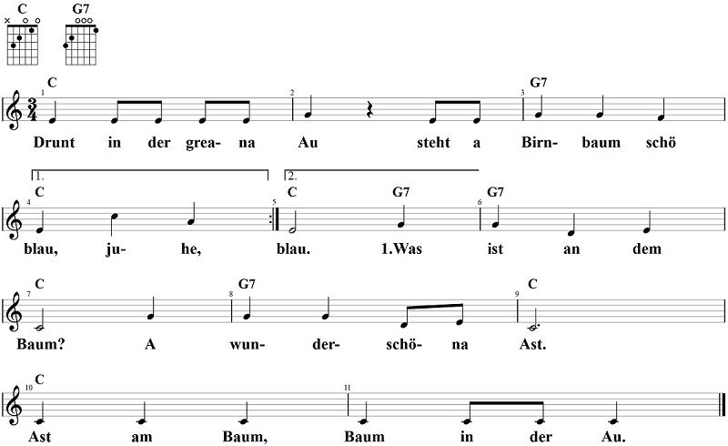 Drunt in der greana Au, Noten und Gitarrenakkorde