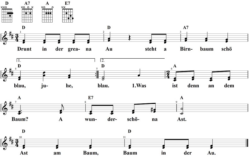 Drunt in der greana Au, 2-stimmig mit Akkorden