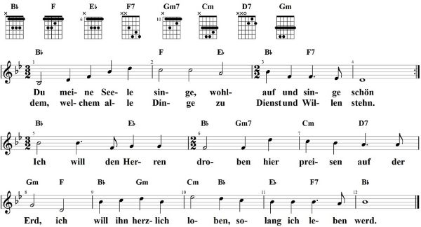 Du meine Seele, singe, Noten mit Liedtext und Gitarrenakkorden Bb-Dur