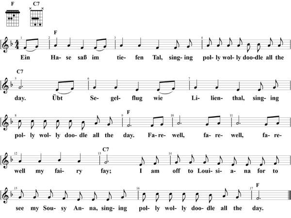 Ein Hase saß im tiefen Tal, Noten mit Liedtext und Gitarrenakkorden (F)