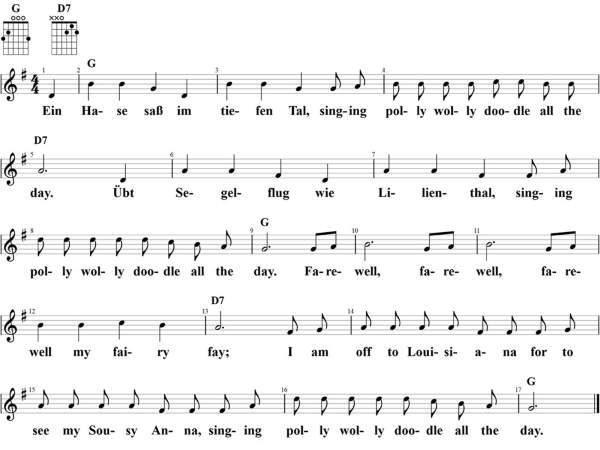 Ein Hase saß im tiefen Tal, Noten mit Liedtext und Gitarrenakkorden (G)
