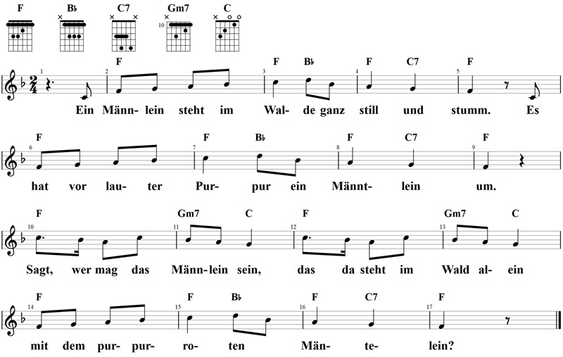 Ein Männlein steht im Walde, Noten und Gitarrenakkorde