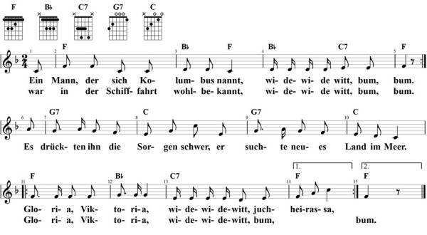 Ein Mann, der sich Kolumbus nannt, Noten mit Liedtext und Gitarrenakkorden (F)