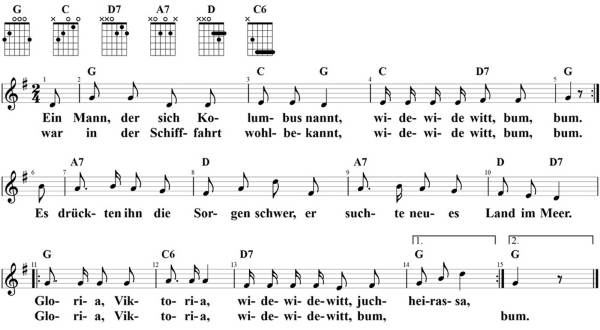 Ein Mann, der sich Kolumbus nannt, Noten mit Liedtext und Gitarrenakkorden (G)