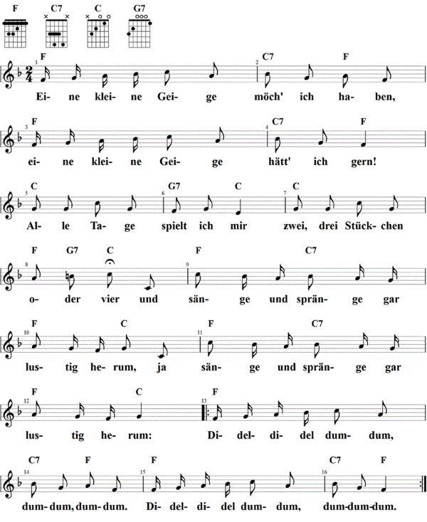 Eine kleine Geige möcht' ich haben, Noten mit Liedtext und Gitarrenakkorden F-Dur