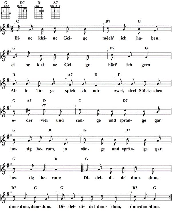 Eine kleine Geige möcht' ich haben, Noten mit Liedtext und Gitarrenakkorden G-Dur