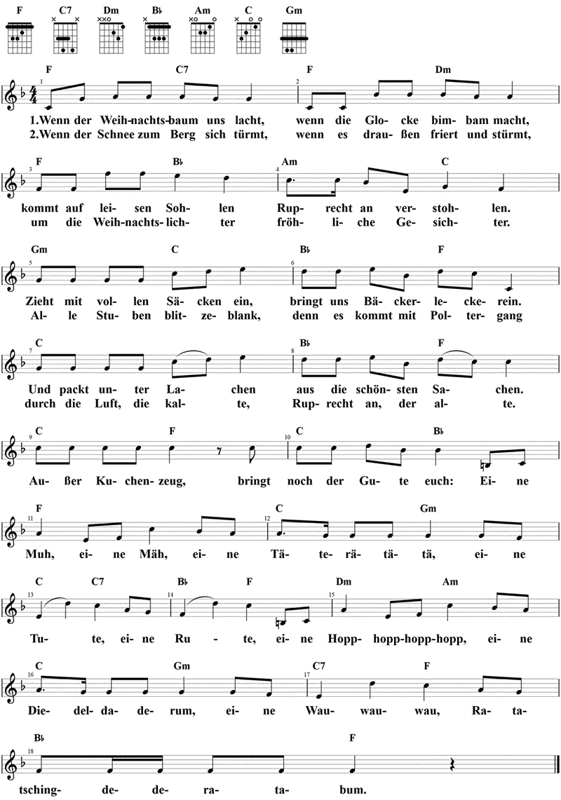 Eine Muh, eine Mäh, Noten mit Liedtext und Gitarrenakkorden (F)