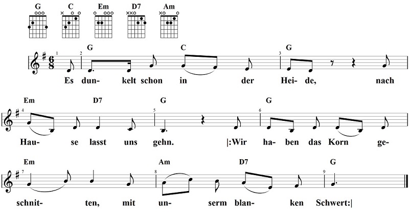 Es dunkelt schon in der Heide, Noten und Gitarrenakkorde