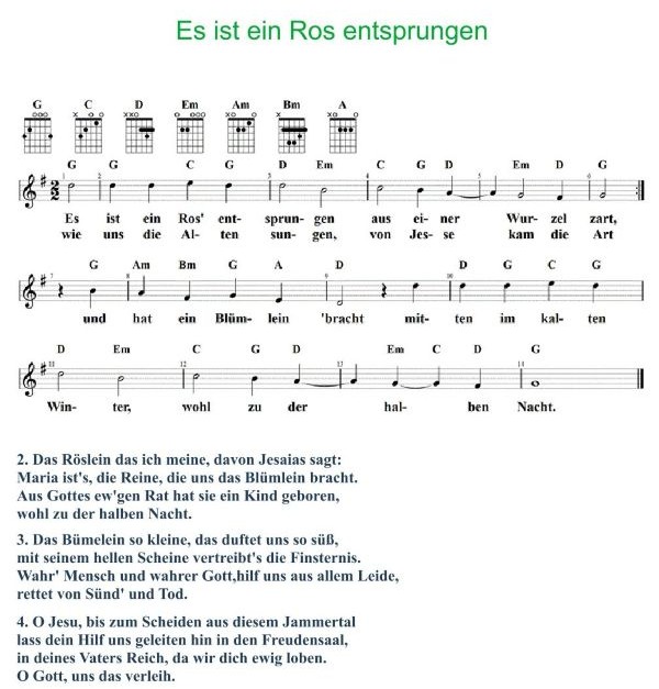 Es ist ein Ros entsprungen, Noten mit Liedtext und Gitarrenakkorden G-Dur