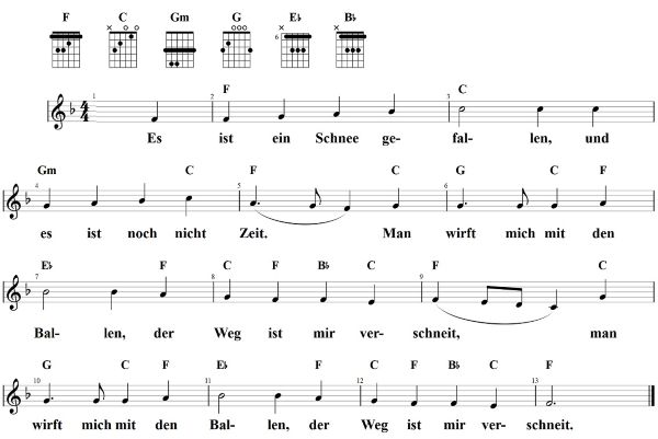 Es ist ein Schnee gefallen, Noten mit Liedtext und Gitarrenakkorden F-Dur