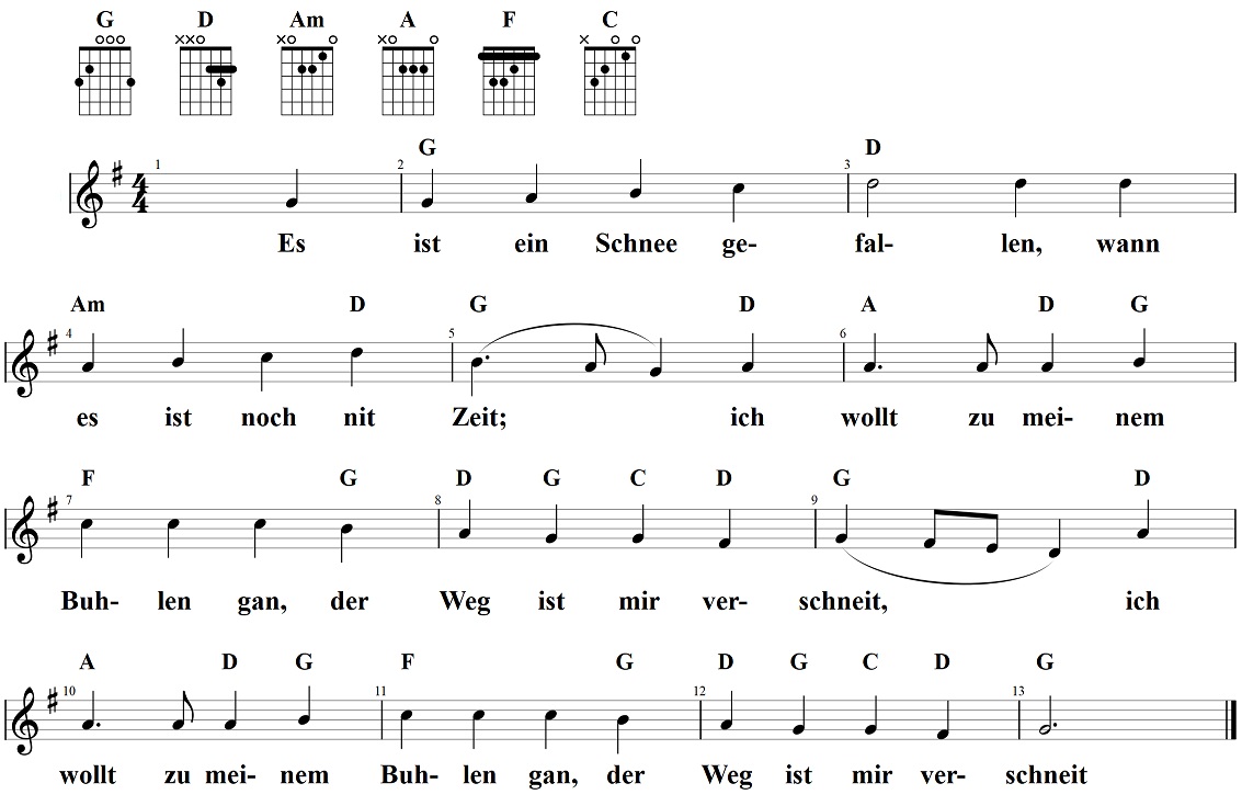 Es ist ein Schnee gefallen, Notenblatt mit Liedtext und Gitarrenakkorden, Noten