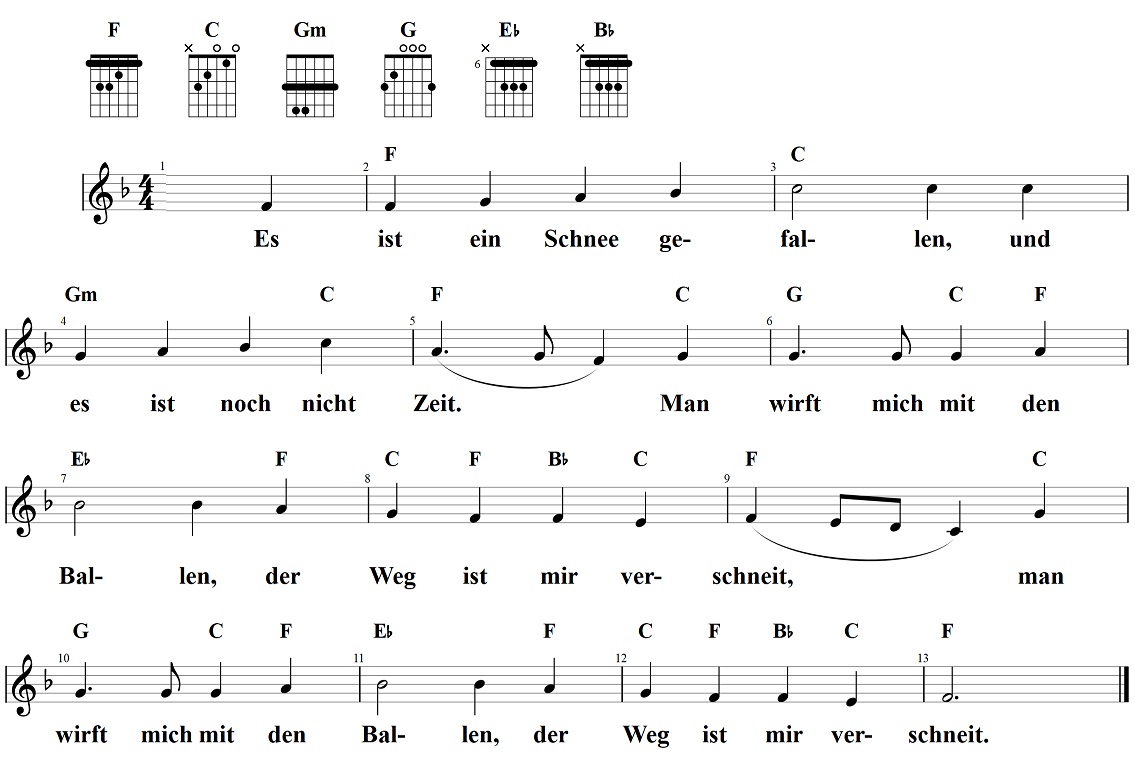 Es ist ein Schnee gefallen, Notenblatt mit Liedtext und Gitarrenakkorden, Noten