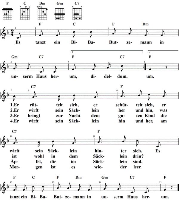 Es tanzt ein Bi-Ba-Butzemann, Noten mit Liedtext und Gitarrenakkorden F-Dur