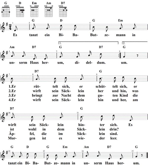 Es tanzt ein Bi-Ba-Butzemann, Noten mit Liedtext und Gitarrenakkorden G-Dur