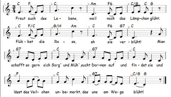 Freut euch des Lebens, Noten mit Liedtext und Gitarrenakkorden (C)