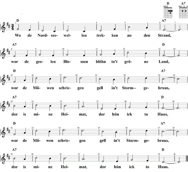 Friesenlied, Noten mit Liedtext und Gitarrenakkorden D-Dur