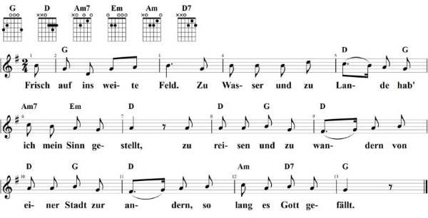 Frisch auf, ins weite Feld, Noten mit Liedtext und Gitarrenakkorden (G)