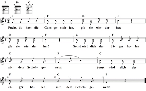 Fuchs, du hast die Gans gestohlen, Noten mit Liedtext und Gitarrenakkorden (F)