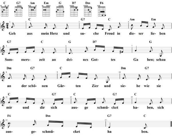 Geh aus mein Herz und suche Freud, Noten mit Liedtext und Gitarrenakkorden (C)