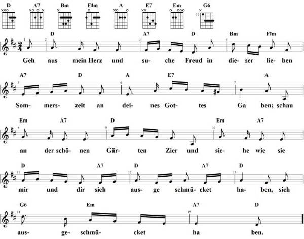 Geh aus mein Herz und suche Freud, Noten mit Liedtext und Gitarrenakkorden (D)