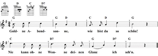 Goldne Abendsonne, Noten mit Liedtext und Gitarrenakkorden G-Dur