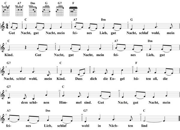 Gut Nacht, gut Nacht, mein feines Lieb, Noten mit Liedtext und Gitarrenakkorden (C)