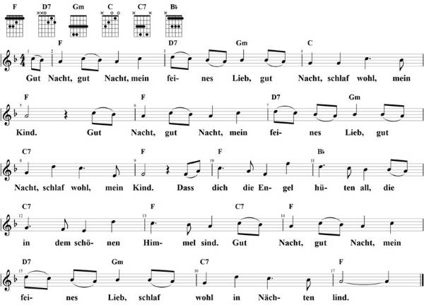 Gut Nacht, gut Nacht, mein feines Lieb, Noten mit Liedtext und Gitarrenakkorden (F)