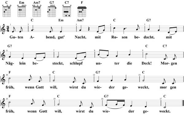 Guten Abend, gut' Nacht, Noten mit Liedtext und Gitarrenakkorden (C)