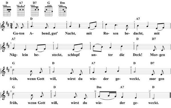 Guten Abend, gut' Nacht, Noten mit Liedtext und Gitarrenakkorden (D)