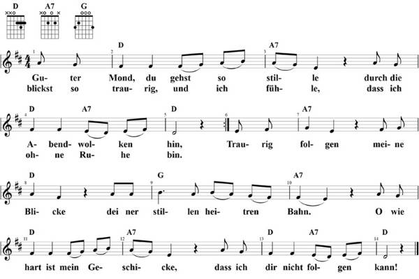 Guter Mond, du gehst so stille, Noten mit Liedtext und Gitarrenakkorden (D)