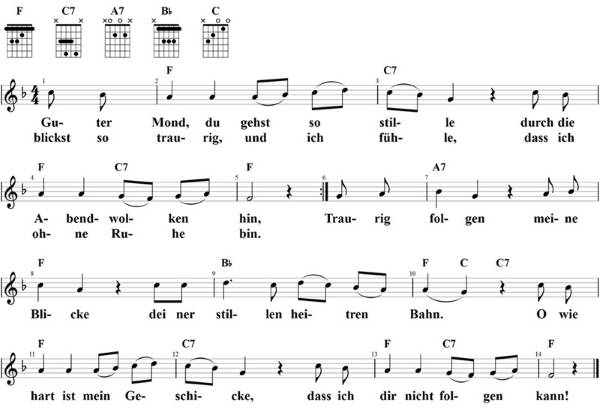 Guter Mond, du gehst so stille, Noten mit Liedtext und Gitarrenakkorden (F)