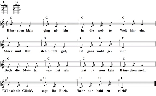 Hänschen klein, Noten mit Liedtext und Gitarrenakkorden (C)