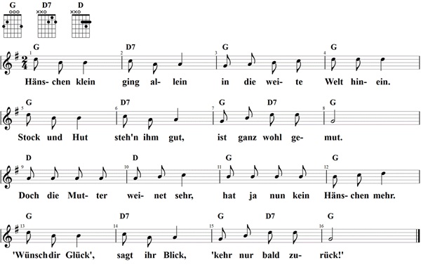 Hänschen klein, Noten mit Liedtext und Gitarrenakkorden (G)