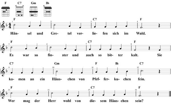 Hänsel und Gretel, Noten mit Liedtext und Gitarrenakkorden (F)
