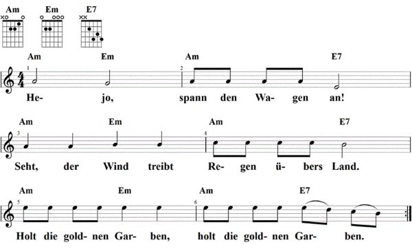Hejo, spann den Wagen an, Noten mit Liedtext und Gitarrenakkorden A-Moll