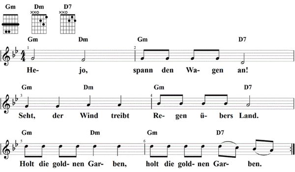 Hejo, spann den Wagen an, Noten mit Liedtext und Gitarrenakkorden G-Moll